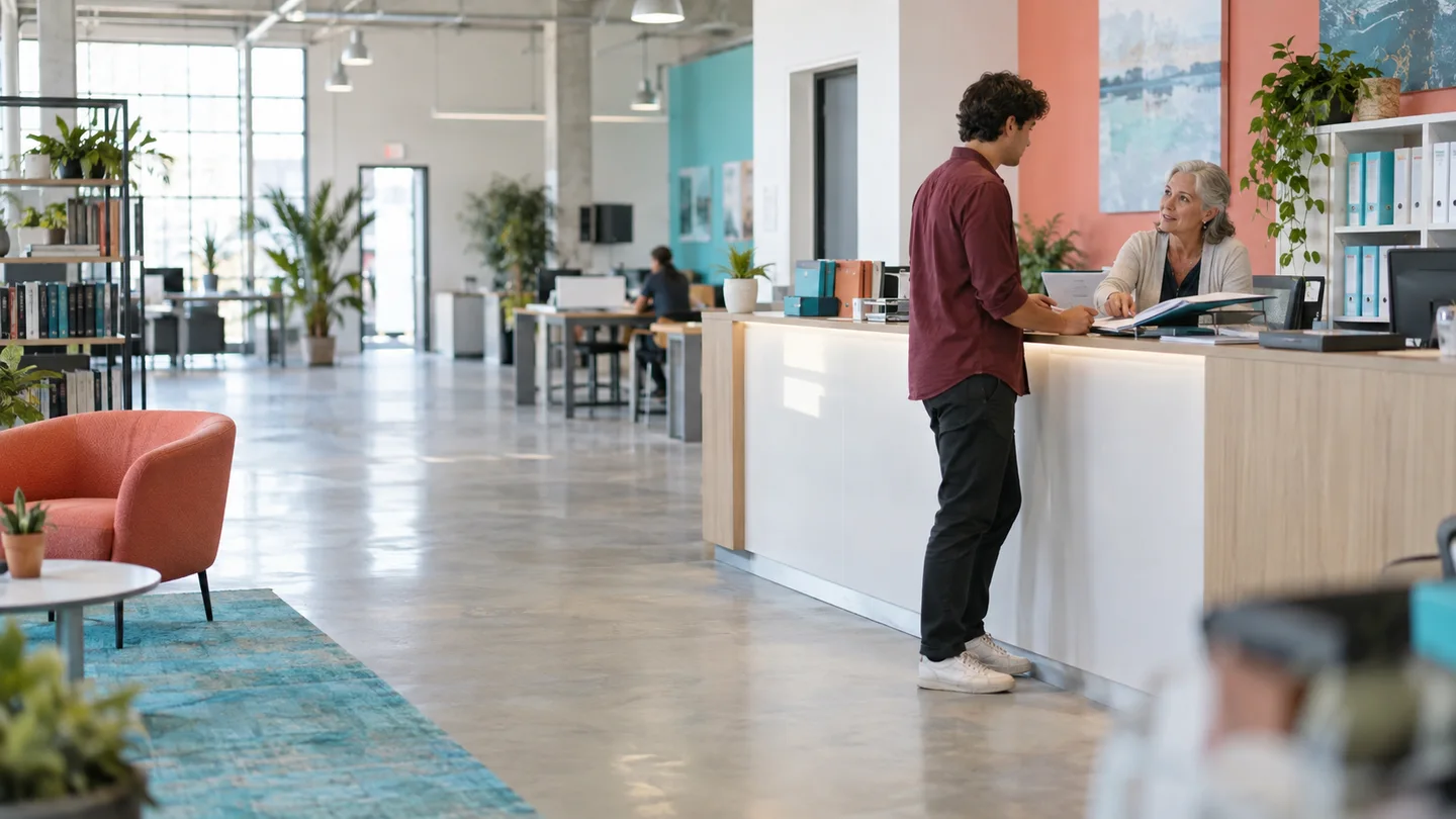 An employee asking a coordinator for help at a company reference counter