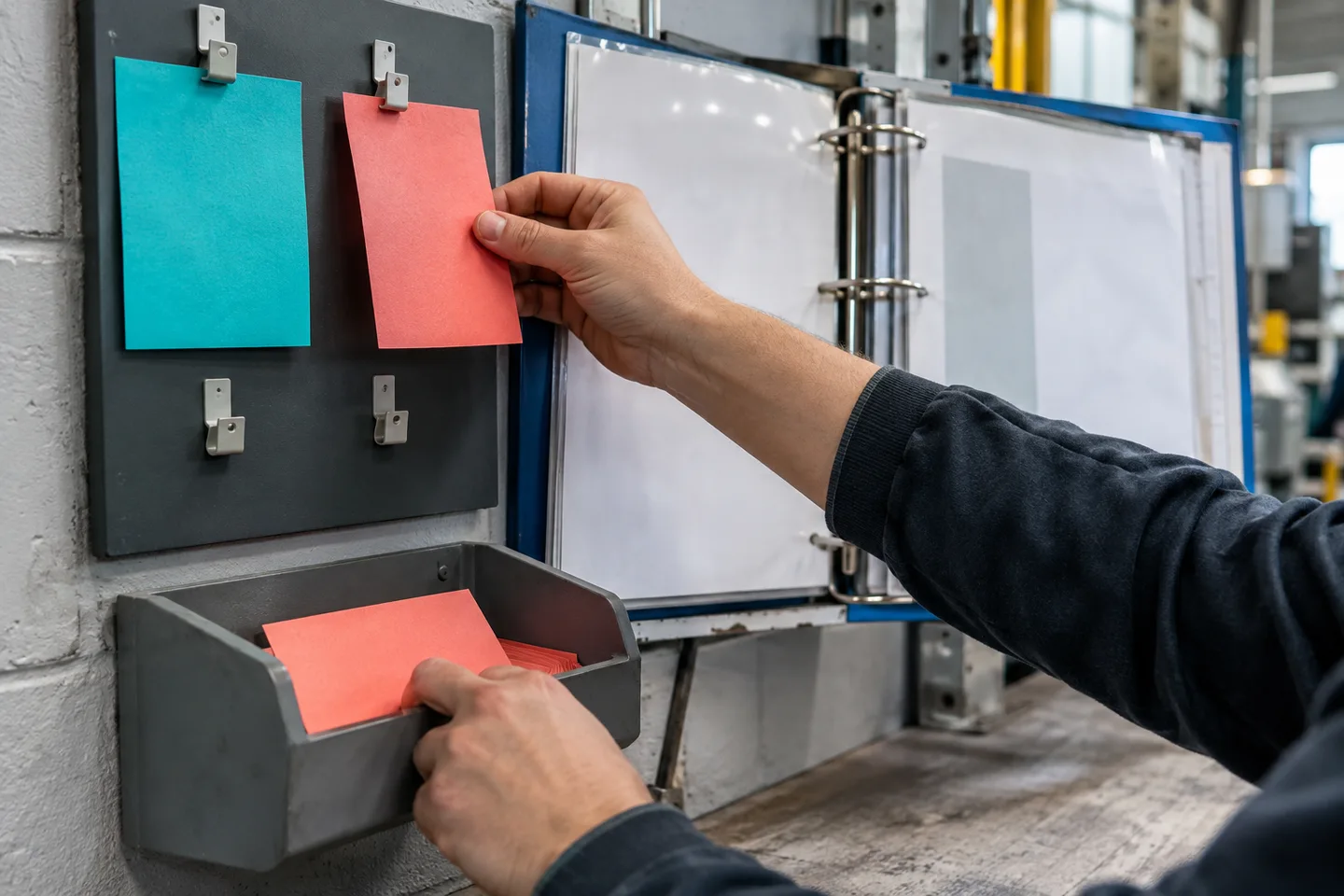 Hands separating retired reference cards from a working procedure binder