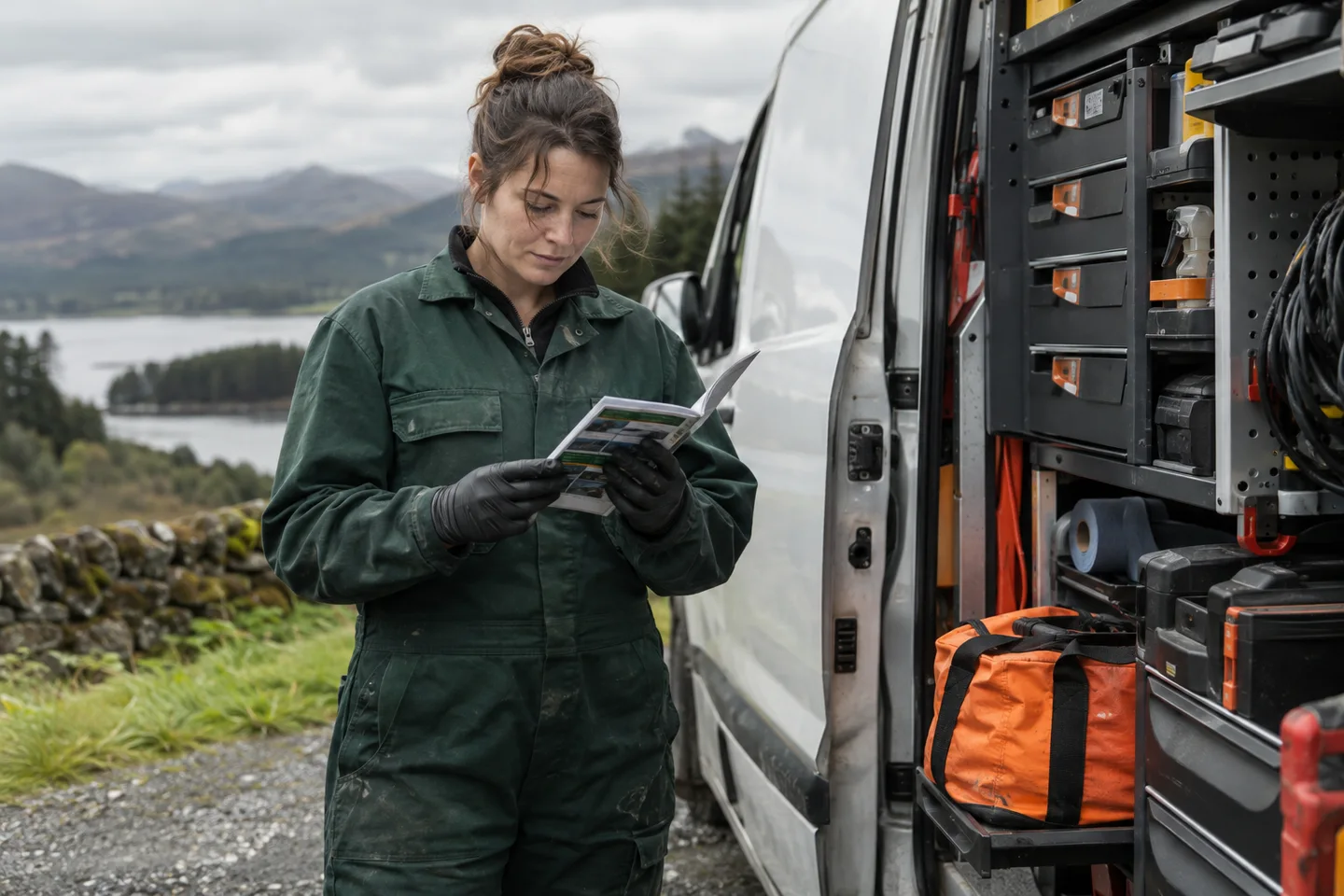 A technician checking a reference booklet beside a stationary service van