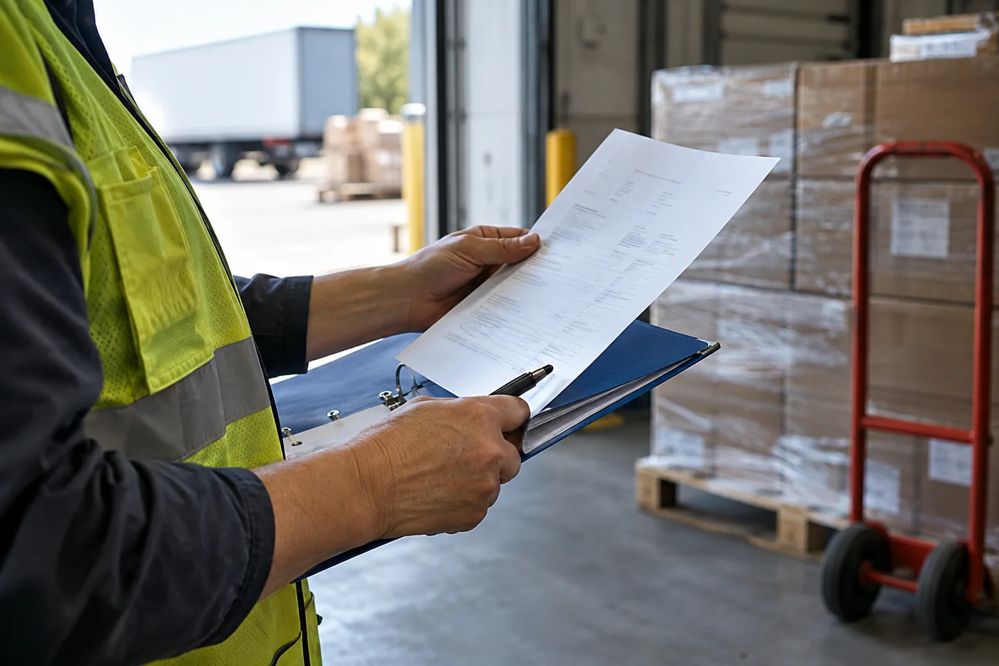 A receiving coordinator checking paperwork against a binder beside pallet boxes