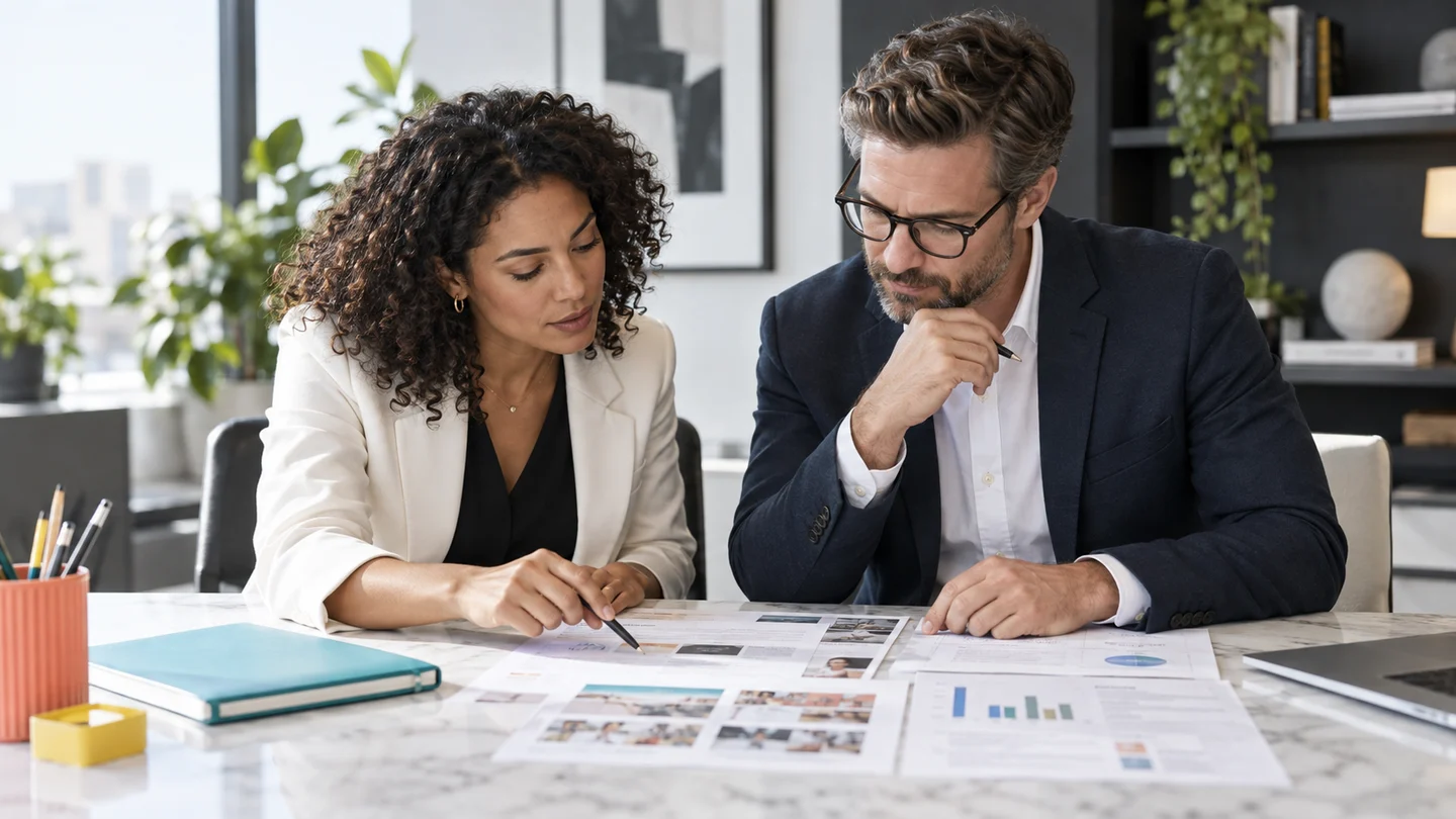 A business reviewer checking a working spreadsheet and paper references