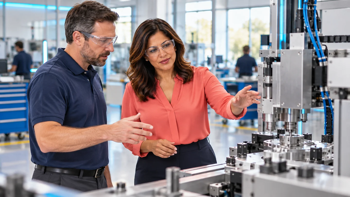 Colleagues reviewing working procedure materials in an industrial setting