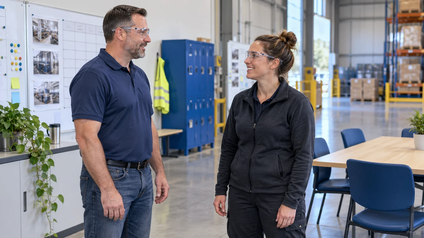 Manufacturing colleagues discussing guidance in a warehouse briefing area