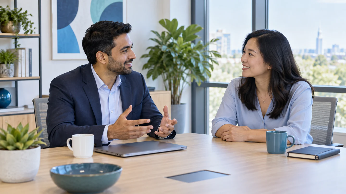 Professionals discussing a delivery handoff in a meeting room